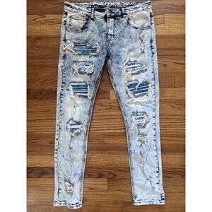 Politics Distressed Skinny Jeans Size 36 Blue Paint Splatter Bandana Patches C22